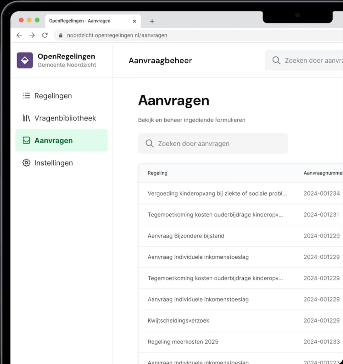 OpenRegelingen scherm met ingediende aanvragen