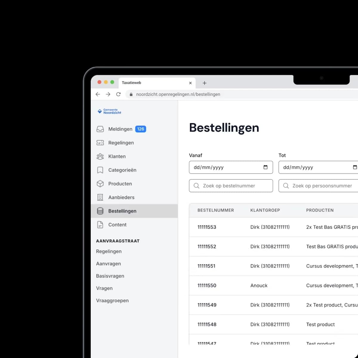 OpenRegelingen scherm met bestellingen